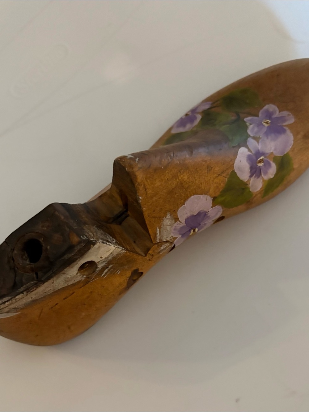 Hand-Painted Antique Wooden Shoe Form with Purple Floral Design Size 2-1/2 C